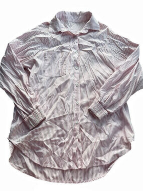 Pink White Striped Button Up Shirt Size M Smocked Cuff Long Sleeve Pocket Top